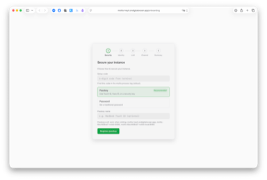 Onboarding — secure your instance with passkey or password